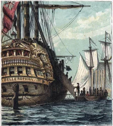 Napoleon I. wird den Engländern übergeben. Einschiffung von Napoleon nach St. Helena an Bord der Bellerophon am 15. Juli.