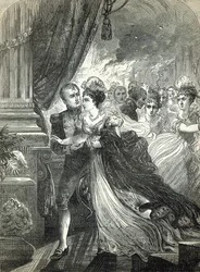 Napoleon und Marie-Louise fliehen vor dem Feuer auf dem Ball, der am 1. Juli 1810 vom österreichischen Botschafter zu Ehren der Hochzeit des Kaiserpaars gegeben wurde