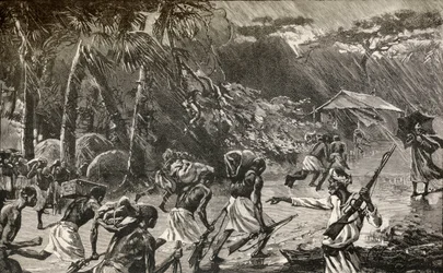Einheimische Träger in Sir Henry Morton Stanleys Emin-Pascha-Entlastungsexpedition in Afrika 1886 bis 1889