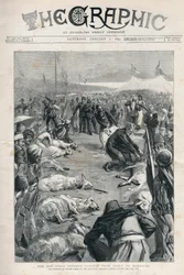 Neue syrische osmanische Eisenbahn von Haifa nach Damaskus - das Opfer von fünfzehn Schafen bei der Eröffnungszeremonie vor dem ersten Spatenstich - Titelseite der Zeitung „The Graphic“ vom 3. Januar