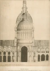 Alte St. Pauls Kathedrale; ein Querschnitt zeigt den Chor mit Sir Christopher Wrens Vorschlag für eine Kuppel