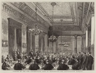 Eröffnung des neuen konservativen Clubs in Manchester, das Einweihungsbankett (Gravur)
