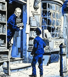 Waisenjunge kommt zur Arbeit in der Buchhandlung an