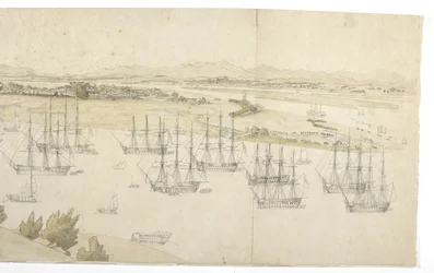 Panorama (rechte Hälfte) von Whampoa von der Dane Island, mit britischen und amerikanischen Schiffen im Ankerplatz