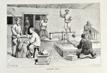 Papiermühle, China, Illustration aus Die Universalgeographie, die Erde und ihre Bewohner von Elisee Reclus, veröffentlicht 1878