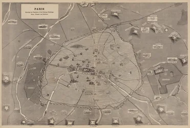 Paris, Darstellung der Positionen der wichtigsten Gebäude, Forts, Dörfer und Eisenbahnen (Stich)