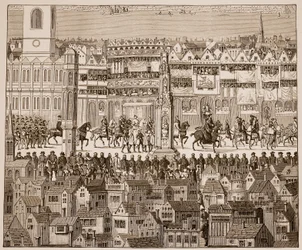 Teil der Krönungsprozession von Edward VI., 1547, nach einem Aquarell aus dem 16. Jahrhundert (Sepia-Foto)