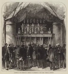 Pilger am Schrein von St. Edmund von Canterbury in der Abteikirche von Pontigny (Gravur)