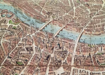 Plan von London in Richtung Southwark (handkolorierte Gravur)