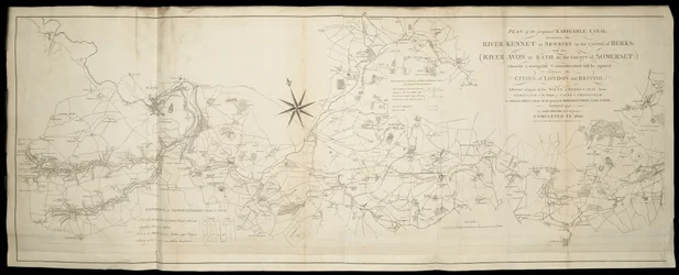Plan des vorgeschlagenen schiffbaren Kanals zwischen dem Fluss Kennet bei Newbury in Berks und dem Fluss Avon in Somerset: wodurch eine schiffbare Verbindung zwischen London und Bristol eröffnet wird [auch] Wilts & Berks & Somerset Coal Canals / Vermessen.