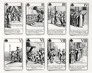 Spielkarten, die Ereignisse der Spanischen Armada darstellen