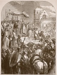 Papst Urban II. predigt den Ersten Kreuzzug auf dem Marktplatz von Clermont, 1096, Illustration aus Cassells Illustrierter Geschichte Englands
