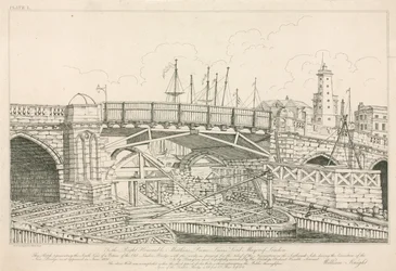 Teil der alten London Bridge, gezeichnet 1826 während der Bauarbeiten