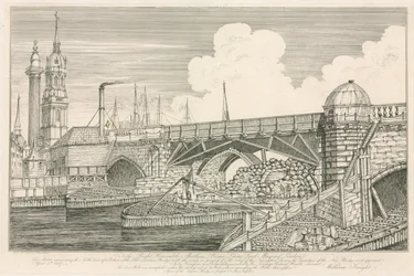 Teil der alten London Bridge, gezeichnet 1827 während der Bauarbeiten