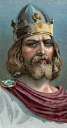 Porträt von Alfred dem Großen (Alfred the Great, 849-899), König von Wessex, 9. Jahrhundert - Aus der Serie „Leaders of Men“ - Chromolithographie - Englische Schule, 20. Jahrhundert