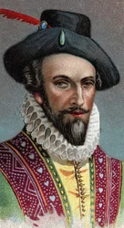Porträt von Sir Walter Raleigh (1554-1618), englischer Seefahrer, Entdecker und Makler - Aus der Serie „Leaders of Men“ - Chromolithographie - Englische Schule, 20. Jahrhundert
