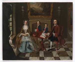 Porträt einer Familie in einem Innenraum, vermutlich die Familie Roubel, 1750er Jahre