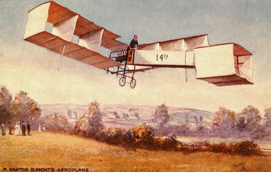 Postkarte mit dem Santos-Dumont 14-bis Flugzeug