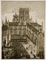 Predigt vor dem König und dem Prinzen von Wales am Pauls Cross im Jahr 1616, nach einem Gemälde aus dem 17. Jahrhundert