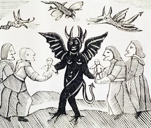 Kinder dem Teufel vorstellen, Kopie einer Illustration aus The Witch of the Woodlands verwendet in einer Sammlung von Chapbooks über Esoterik