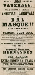 Werbeflyer für den zweiten großen venezianischen Karneval und Bal Masque in den Royal Gardens, Vauxhall, London