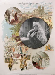 Königin Victoria (1819-1901) zur Zeit ihres Diamantenen Jubiläums 1897 zusammen mit einigen der wichtigsten Ereignisse ihres Lebens, 1897