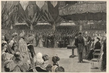 Königin Victoria eröffnet das Imperial Institute des Vereinigten Königreichs, der Kolonien und Indiens in London, Mai 1893