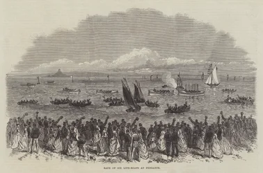 Rennen von sechs Rettungsbooten in Penzance (Gravur)