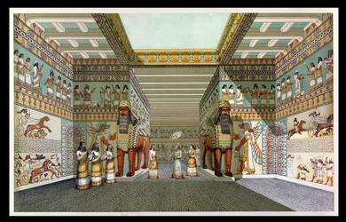 Rekonstruktion der Halle eines assyrischen Palastes, aus Entdeckungen in den Ruinen von Ninive und Babylon von Austen Henry Layard