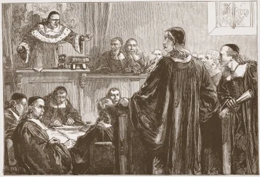 Richard Baxter vor Richter Jeffreys, Illustration aus The History of Protestantism von James Aitken Wylie, veröffentlicht 1878