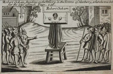 Robert Ockam auf dem Pranger in der Stadt Newberry, wo er geboren wurde, Illustration aus Acts and Monuments von John Foxe, neunte Ausgabe, veröffentlicht 1684