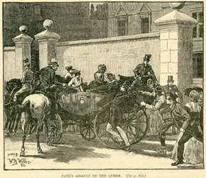 Robert Pates schlägt die Königin vor dem Cambridge House, Illustration aus The Life and Times of Queen Victoria, Vol. II von Robert Wilson, 1888
