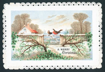 Rotkehlchen sitzen auf Tor, Weihnachtskarte