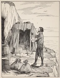 Robinson Crusoe baut seinen Unterschlupf, Illustration aus Die Geschichte von Robinson Crusoe: Eine Adaption für Kinder nach Defoes Sprache, veröffentlicht von Griffith Farran Browne & Co. Limited, London