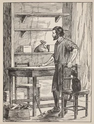 Robinson Crusoe baut Tisch und Stühle für seine Höhle, Illustration aus Die Geschichte von Robinson Crusoe: Eine Adaption für Kinder nach Defoes Sprache, veröffentlicht von Griffith Farran Browne & Co. Limited