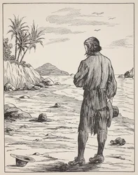 Robinson Crusoe auf seiner Insel, Illustration aus Die Geschichte von Robinson Crusoe: Eine Adaption für Kinder nach Defoes Sprache, veröffentlicht von Griffith Farran Browne & Co. Limited, London