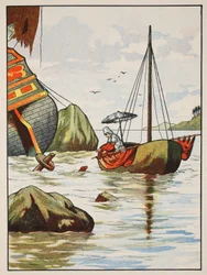 Robinson Crusoe rettet einen Hund aus einem spanischen Schiffswrack, Illustration aus Die Geschichte von Robinson Crusoe: Eine Adaption für Kinder nach Defoes Sprache, veröffentlicht von Griffith Farran Browne & Co. Limited