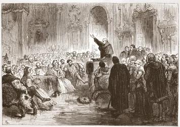 Roussel predigt im Louvre, Illustration aus Die Geschichte des Protestantismus von James Aitken Wylie, veröffentlicht 1878