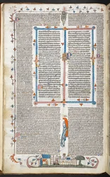 Royal 10 E. IV, f.250v Text mit Randdekoration und ein König beim Essen, Illustration aus den 