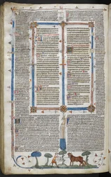 Königliche 10 E IV fol. 294v Mann greift einen Ochsen an, aus den Smithfield-Dekretalen (Dekretalen von Gregor IX), um 1340