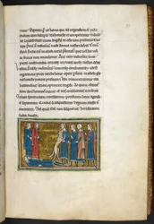 Royal 12 F.XIII, fol. 33, Hund identifiziert einen Mörder, aus dem Bestiarium (fol. 3-141), Lapidarium (fol. 141v-149), 2. Viertel des 13. Jahrhunderts