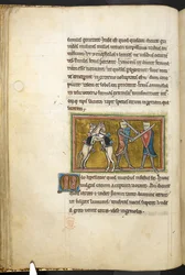 Zwei Ritter kämpfen zu Fuß mit Schwertern, während ihre Pferde auf den Hinterbeinen kämpfen, aus Bestiarium (ff. 3-141), Lapidarium (ff. 141v-149), 2. Viertel des 13. Jahrhunderts