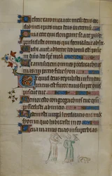 Bas-de-page-Szene von zwei Frauen, die Falken tragen, und einem kleinen Hund vor ihnen, mit einer bewohnten Initiale, Illustration aus dem 