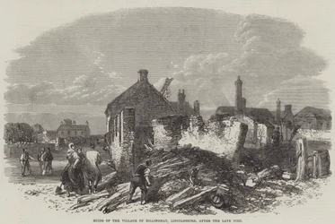 Ruinen des Dorfes Billinghay, Lincolnshire, nach dem letzten Feuer (Stich)