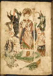 Saint Patrick, im Bischofsgewand, hält ein Kruzifix und macht eine Segensgeste, steht auf der Insel Lough Derg, Donegal (Irland), umgeben von Dämonen und gequälten Seelen. Bild aus ""Purgatorium des Heiligen Patrick"", englisches Manuskript