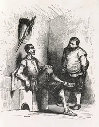 Sancho: Ich sollte ein seltener Vermieter sein, Illustration aus Akt II, Szene I von Don Quixote in England. Eine Komödie, graviert von P. Soyer