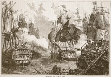 Seeschlacht vor Trincomalee, Illustration aus Cassells Illustrierter Geschichte Indiens von James Grant, veröffentlicht 1879