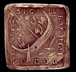 Siegel der Stadt Dunwich in Suffolk. Dargestellt ist ein Schiff auf rauer See, wahrscheinlich eine Anspielung auf die Stürme, die 1286 und 1347 einen Teil der Stadt zerstörten. 14. Jahrhundert. Paris, Nationalarchiv