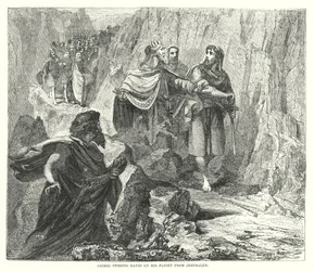 Schimi verflucht David auf seiner Flucht aus Jerusalem (Gravur)