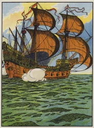 Schiffe der spanischen Armada (Farblithografie)